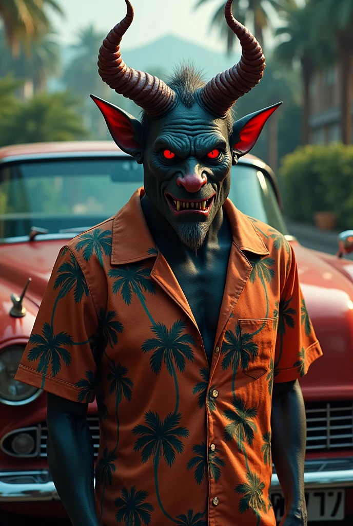 Create an image of the devil with a Hawaiian shirt printed with a palm tree and an American car that has horns