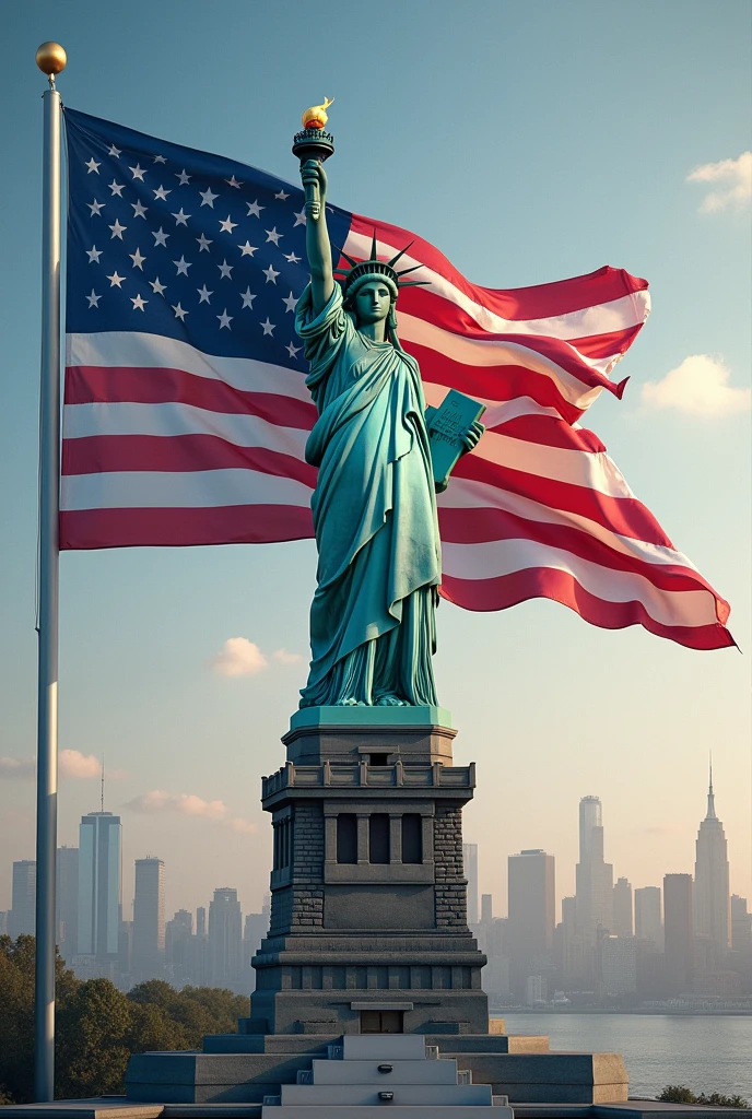 Statue of Liberty with a US flag behind it