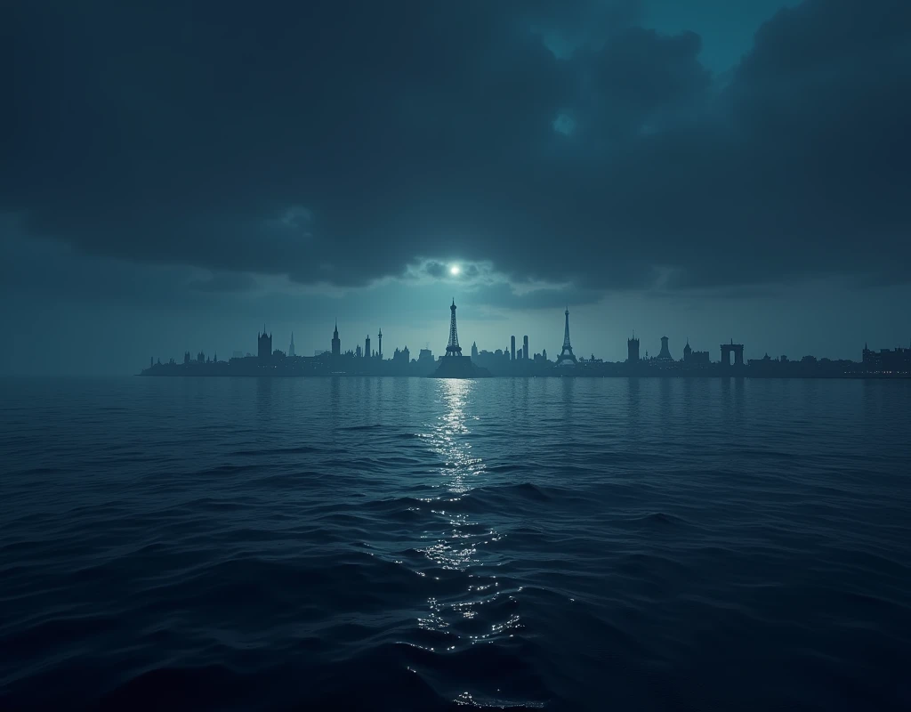 Very dark dusk landscape on the sea and from afar some lights that give the silhouette of the Eiffel Tower, United Kingdom, etc