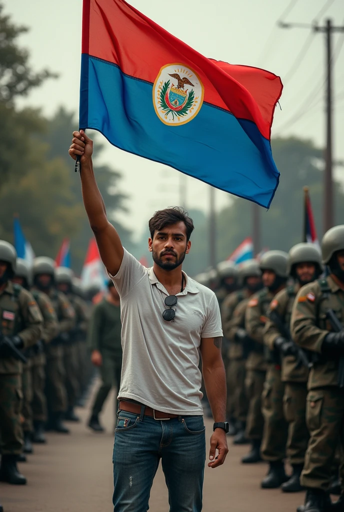 Photo of a man with the flag of El Salvador fighting against the Salvadoran armed forces