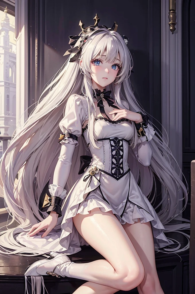 (16K,Ultra-high resolution,Highest quality,masterpiece,Super detailed,Attention to detail,Very vivid CG),Photographed from the front,((Long-haired princess trained as a slave by viewers:1.3)),first round,Anatomically correct body,Highly detailed facial features, Beautiful and perfect face, Perfect Eyes,Best Anime,The best CG,White heels,White tights,White gorgeous dress