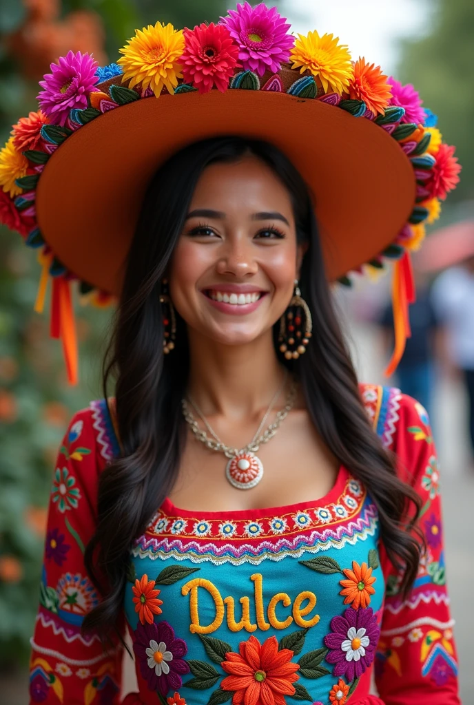 Young woman wearing a Mexican national holiday dress with a hat and an embroidery on the front with the name DULCE