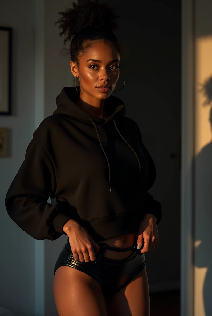 a black woman with her hair in a bun, wearing a black hoodie, putting on black leather short shorts in her bedroom, detailed face, realistic, high quality, hyper detailed, 8k, masterpiece, (best quality:1.2), (realistic:1.37), cinematic lighting, chiaroscuro lighting, dark moody lighting, dramatic lighting, photorealistic skin, intricate details, ultra-detailed