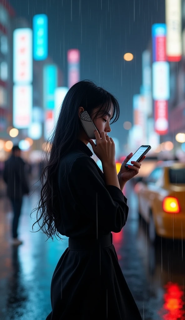 Asian woman 30 years old long black hair talking on a cell phone walking sideways profile on the streets of Tokyo at night in the rain wearing black clothes