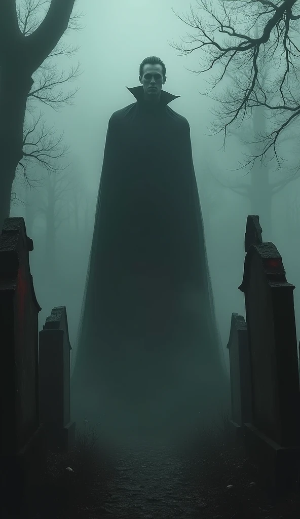 Create an eerie, atmospheric image for a Story inspired by the song 'Bela Lugosi's Dead' by Bauhaus. The scene should depict a haunting, dark setting, reminiscent of old horror films. Include elements such as a foggy graveyard with ancient, crumbling tombstones, and a silhouette of a tall, imposing figure resembling a classic vampire. The overall color scheme should be monochromatic, with shades of black, gray, and deep red, to evoke a sense of dread and mystery. The image should capture the gothic aesthetic, emphasizing shadows, contrast, and a feeling of timeless, haunting beauty.