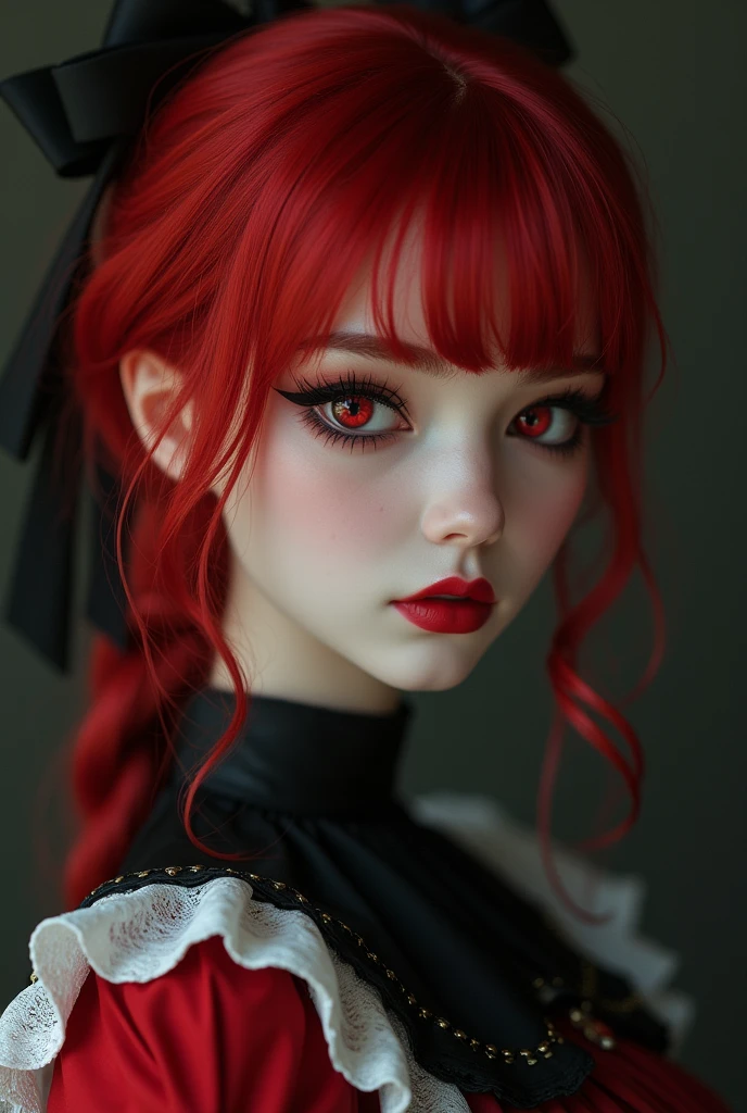a close up of a woman with red hair, trending on cg society, gothic art, school girl in gothic dress, anime barbie doll, black elegant hair, red white and black colors