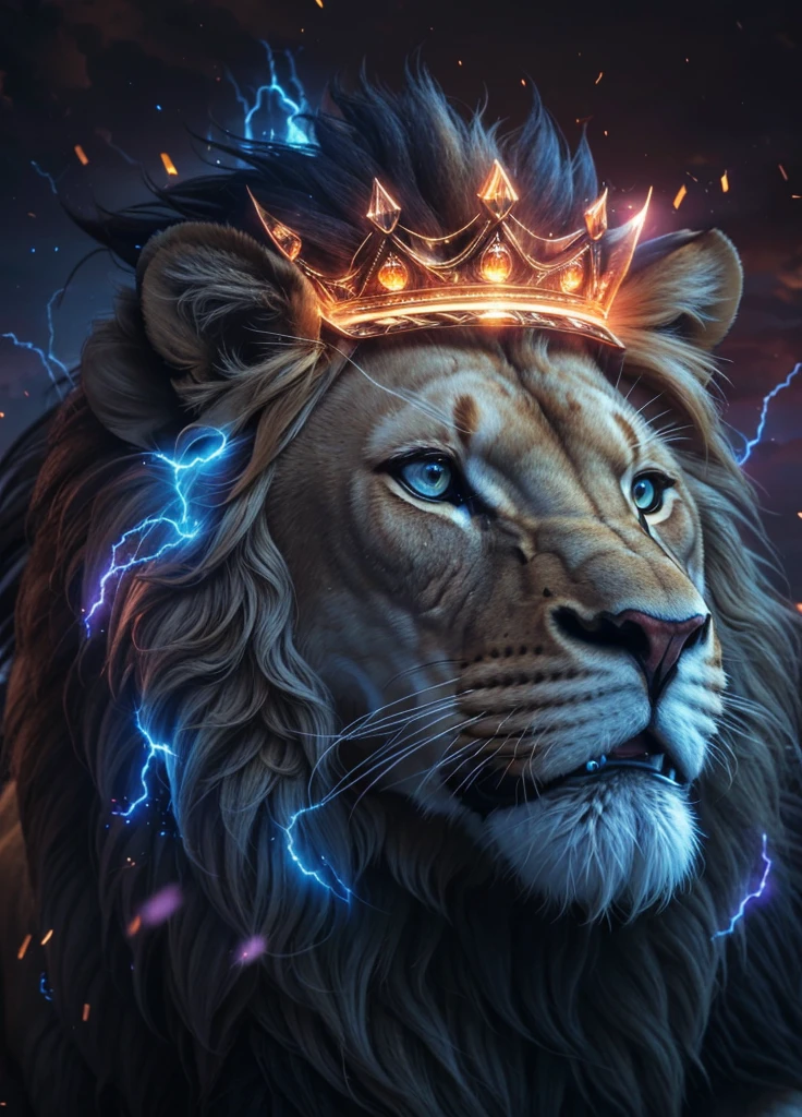 Lion, Divine Lion, naturals, naturals, ferocious, masculine, mighty, golden lion, Powerful Lion, beautiful nature, Great Realistic Lion, FullHD 8k, Light of sky, twilight, ferocious, Criatura ferocious, furious lion, Detailed Realistic Lion, Ultra Realistic HD Light, Photorealistic Detailed Shadows, UltraHD Photorealistic Definition, sunset night, Clear sky Sun, Blue Bolts, Thunders, detailed realistic face, 8k Detailed Realistic White Lion, ultrarealistic 8k |Energia de thunder realista detalhada, Strong Creature realista detalhada, Strong Creature, Lion macho, Rendering, Fotorrealista 8k, UltraHD Alta definição 8k, Detailed Realistic 16k, Nitidez Fotorrealista 8k, 16K photorealistic textures, Contraste Fotorrealista 8k, Sombras Fotorrealistas 8k, Luzes Fotorrealistas 8k, Detailed Realistic Sunset, Detailed Realistic Lion Face, Detailed realistic light, detailed textures, thunder, detailed shadows, detailed colors, Celestial Electricity, Golden thunder, Lion realista, Ultra Realistic 16k, Realistic 16k, Realistic 16k sharpness, 16K photorealistic textures, 16K realistic colors, powerful creature, Majestic power, Power of Heaven, Great Divine, detailed contrast, realistic contrast, high resolution, detailed colors, fire, villany, divine creature, 8k, realistic detailed, 16K, 8k, High definition, detailed contrast, realistic contrast, high resolution, detailed colors, fire, villany, divine creature, realistic detailed, posh, chic, Rosto ferocious, Furor, strong powerful, Elegância ferocious,