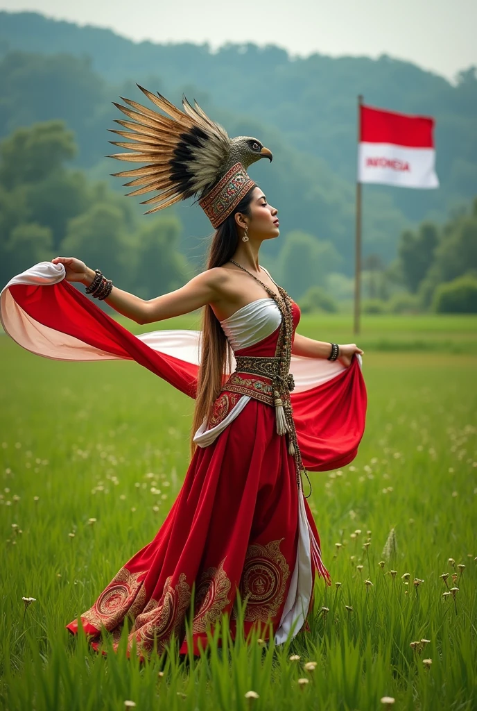 Photoshot of a beautiful woman wearing a red and white dayak dress and wearing a mah kota with a bird's head with a beautiful face dancing in a green and wide meadow and holding a long red and white cloth. And there is a red and white flag with the name INDONESIA