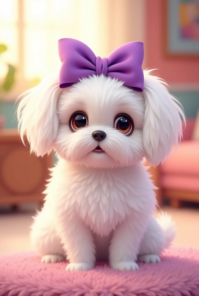 Create a pixar style image of a white shitzu dog with a purple bow