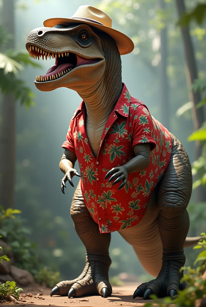 Realistic T-rex with red flower shirt and tourist hat with left angle