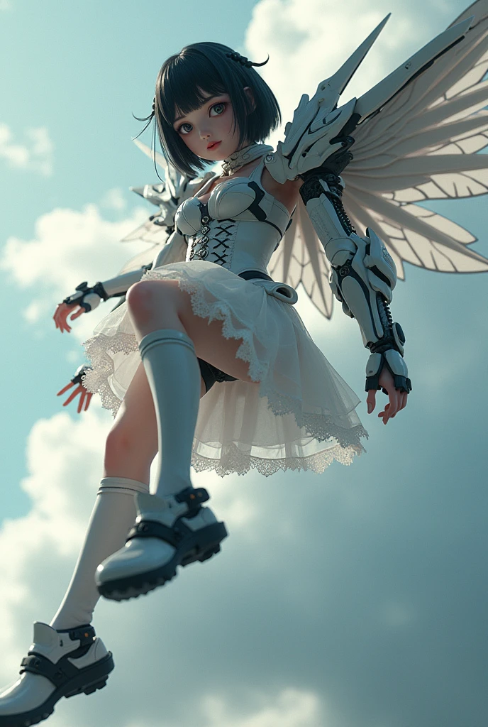 (Highest quality)), ((masterpiece)), (Very detailed: 1.3), 3d, {(Japanese young girl)}, A Japanese girl wears a gothic outfit with white frills under her armor, wears a futuristic Gundam mecha,(Gundam), With headgear, With V fin , Armored Shoulders,Armed, Armor under the feet, Multi-layer texture perfect ratio, Octane Rendering, Duotone Lighting, Low ISO, wide aperture, White balance, Three-part method, Ultra HD 16k, High resolution (High Dynamic Range), Ray Tracing, NVIDIA, Super Resolution, Scattered beneath the surface, PBR Texturing, Post-processing, Anisotropic Filtering, Depth of written boundary, Maximum clarity and sharpness, Highly efficient subpixels, Subpixel Convolution, Particles of light, Scattered Light, Tyndall effect, whole body:1.5, Flying Pose, cute, (cute:1.2), (Bobcut:1.3),Braid, Black Hair, Thick eyebrows, Light-colored irises, Big, bright black eyes, Long eyelashes, Small, light-colored, natural lips, (The average face of the Japan idol), (日本人特有のBaby Face:1.3), (Baby Face), Wide forehead:1.2, Plump Cheeks, Small jaw, Visible side boob, (Mechanical Wings),In the sky,(Shoot in the back:1.5),(Shooting from below), Recall,View your viewers,Focus on the eyes ,Looking up at her from the soles of her feet,Leg spread,Anime,Deformation
