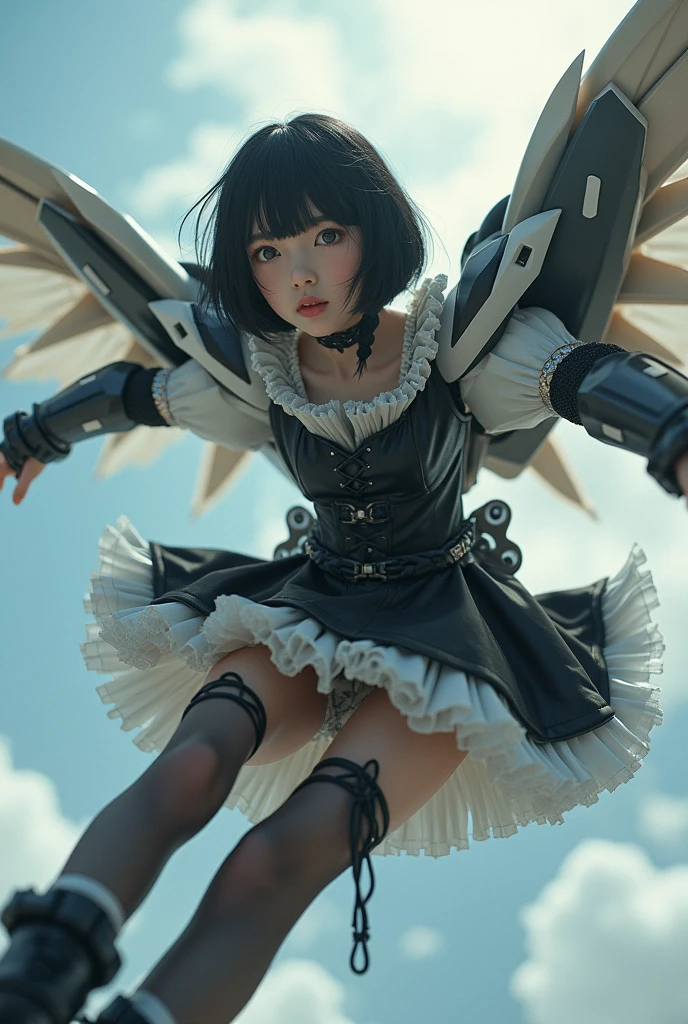 (Highest quality)), ((masterpiece)), (Very detailed: 1.3), 3d, {(Japanese young girl)}, A Japanese girl wears a gothic outfit with white frills under her armor, wears a futuristic Gundam mecha,(Gundam), With headgear, With V fin , Armored Shoulders,Armed, Armor under the feet, Multi-layer texture perfect ratio, Octane Rendering, Duotone Lighting, Low ISO, wide aperture, White balance, Three-part method, Ultra HD 16k, High resolution (High Dynamic Range), Ray Tracing, NVIDIA, Super Resolution, Scattered beneath the surface, PBR Texturing, Post-processing, Anisotropic Filtering, Depth of written boundary, Maximum clarity and sharpness, Highly efficient subpixels, Subpixel Convolution, Particles of light, Scattered Light, Tyndall effect, whole body:1.5, Flying Pose, cute, (cute:1.2), (Bobcut:1.3),Braid, Black Hair, Thick eyebrows, Light-colored irises, Big, bright black eyes, Long eyelashes, Small, light-colored, natural lips, (The average face of the Japan idol), (日本人特有のBaby Face:1.3), (), Wide forehead:1.2, Plump Cheeks, Small jaw, Visible side boob, (Mechanical Wings),In the sky,(Shoot in the back:1.5),(Shooting from below), Recall,View your viewers,Focus on the eyes ,Looking up at her from the soles of her feet,Leg spread,Anime,Deformation