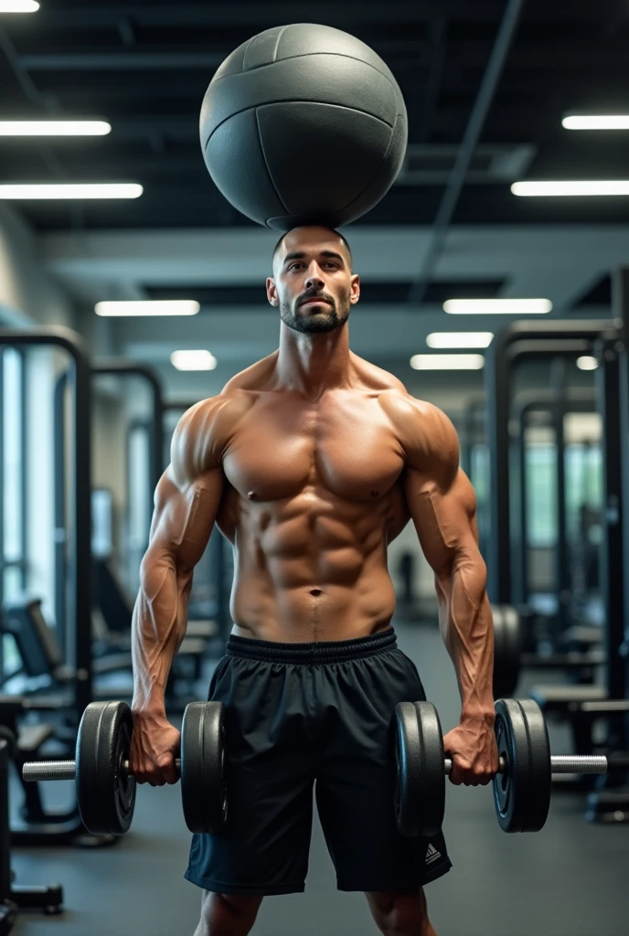 Gym advertisement where a man is carrying weights and a ball on his head