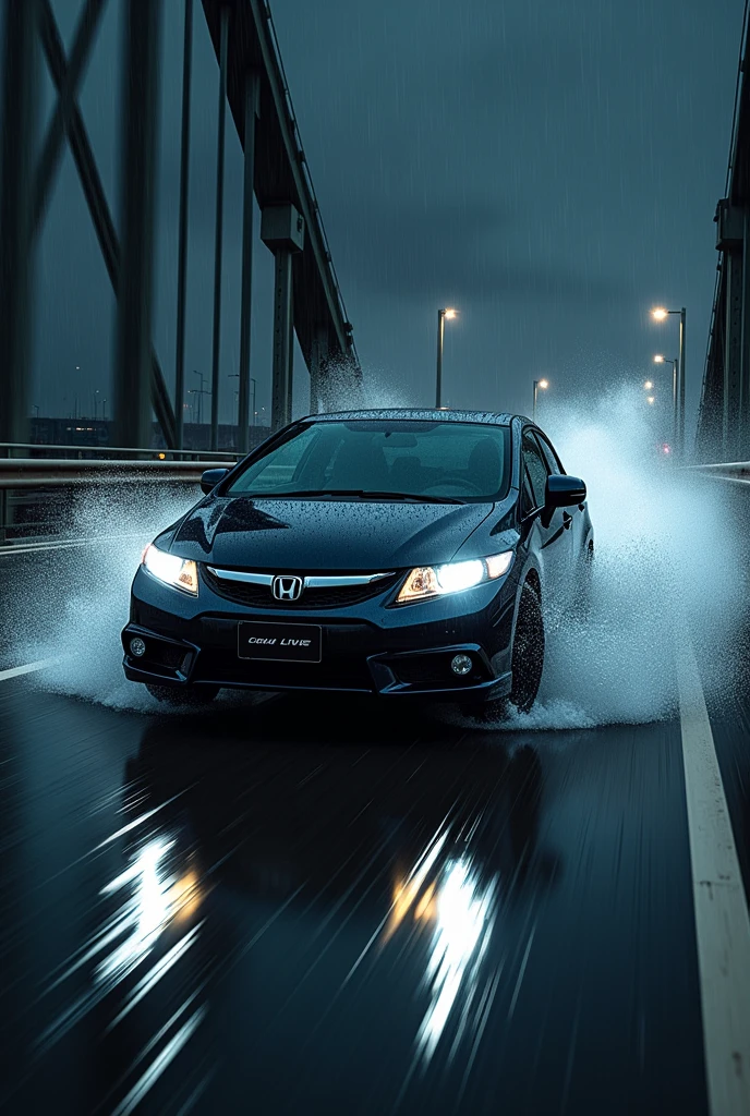 Side photo not anime style (initial D) of a 2014 Civic lxr driving fast on a bridge on a rainy night
