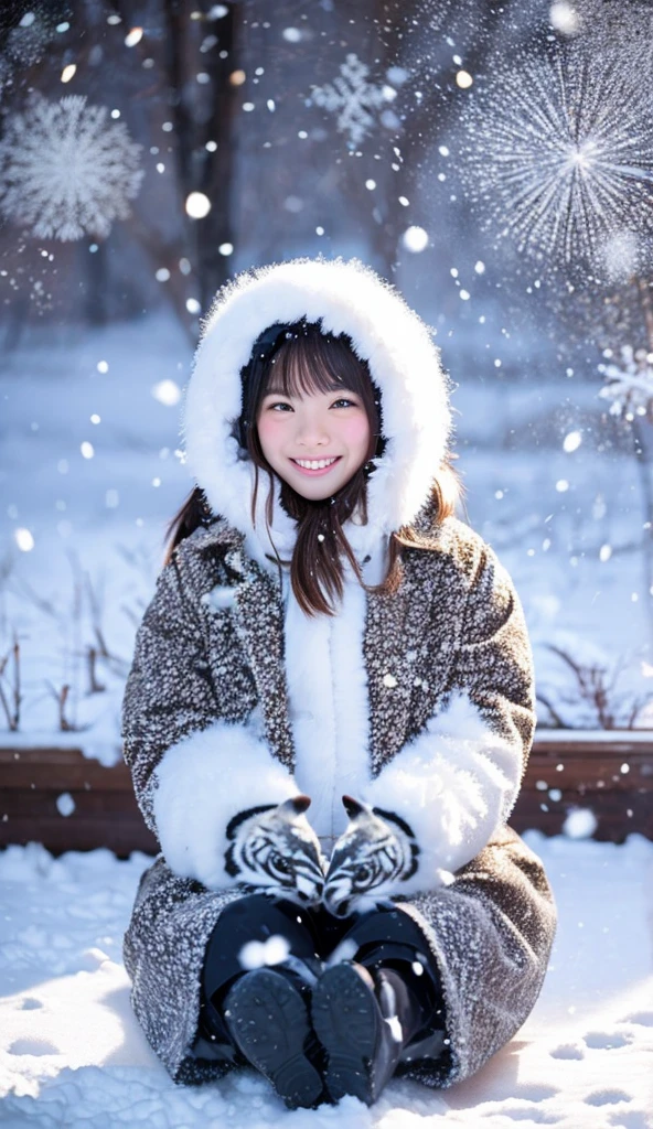 Asian girl sits amidst huge snowflakes in a snowstorm valley with a huge fat white tiger.