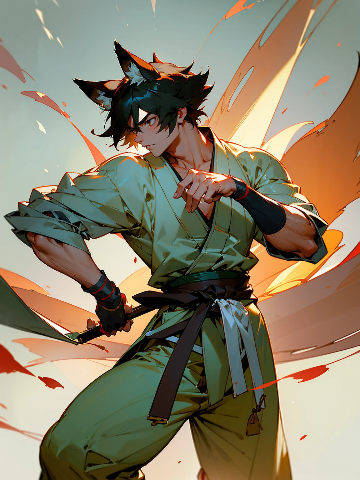 masterpiece, best quality,muscular male fox anthro,kemono,martial, martial gi, hand strap ,solo, Ruan Jia, Pino Daeni, detailed background, detailed face, tied to waist, angry, fox claws