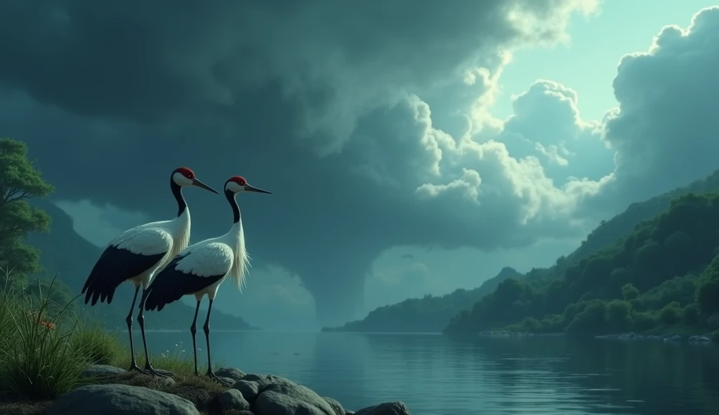 In 3D animation.What emotions do the crane parents feel when they see the dark clouds approaching?