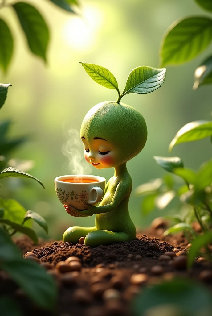 A coffee seedling drinking a cup of tea