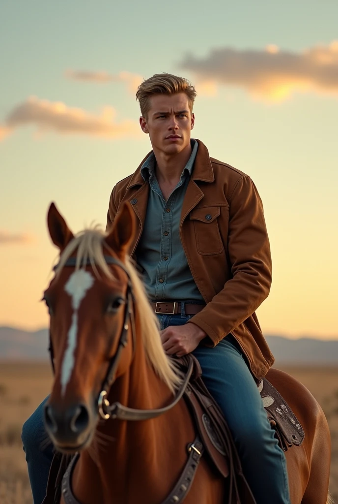 A cowboy with blond, slicked back hair and ocean blue eyes. Make him riding a horse, the time of day is dawn, he has no facial hair and loo rather young