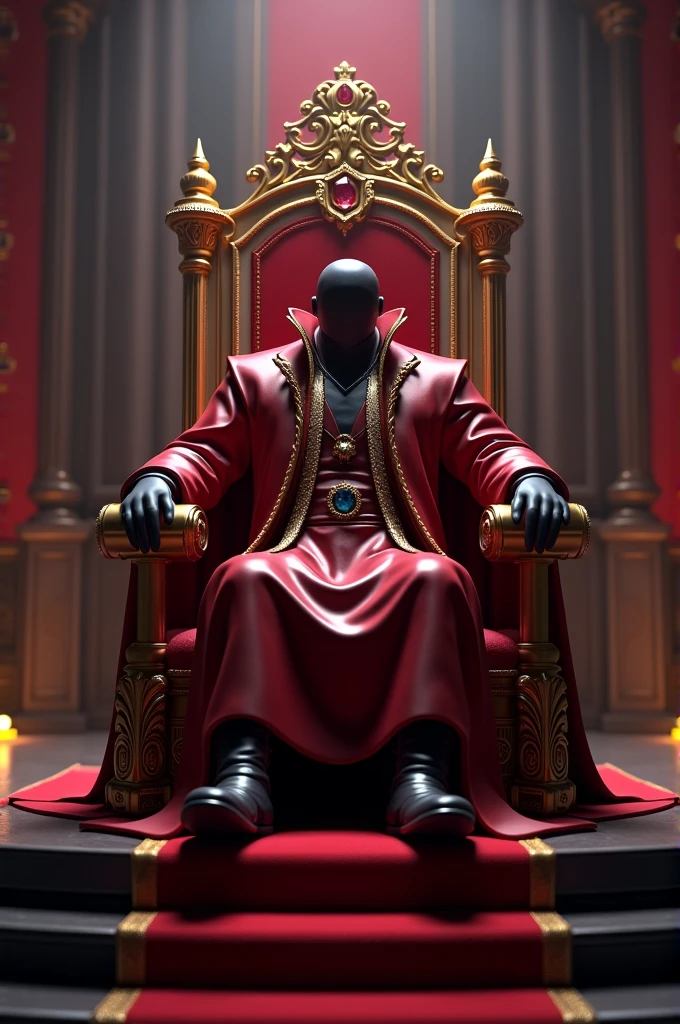 Create a red dominus from Roblox sitting on a throne