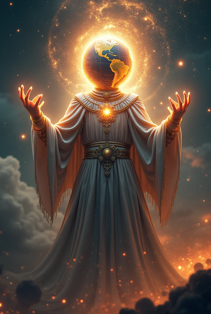 
"Create an image of a god called Google. It must have an imposing and technological appearance., with a glowing digital aura around his figure. His head is formed by a globe of light, representing the internet, and his eyes shine with the power of infinite knowledge. He wears a cloak made of circuits and wires, that seem to pulse with digital energy. Your hands are up, controlling a cloud of information, search data and symbols floating around you. The setting is a cosmic space, with stars and planets in the background, representing the vastness of the world wide web."

If you need adjustments, just let me know!