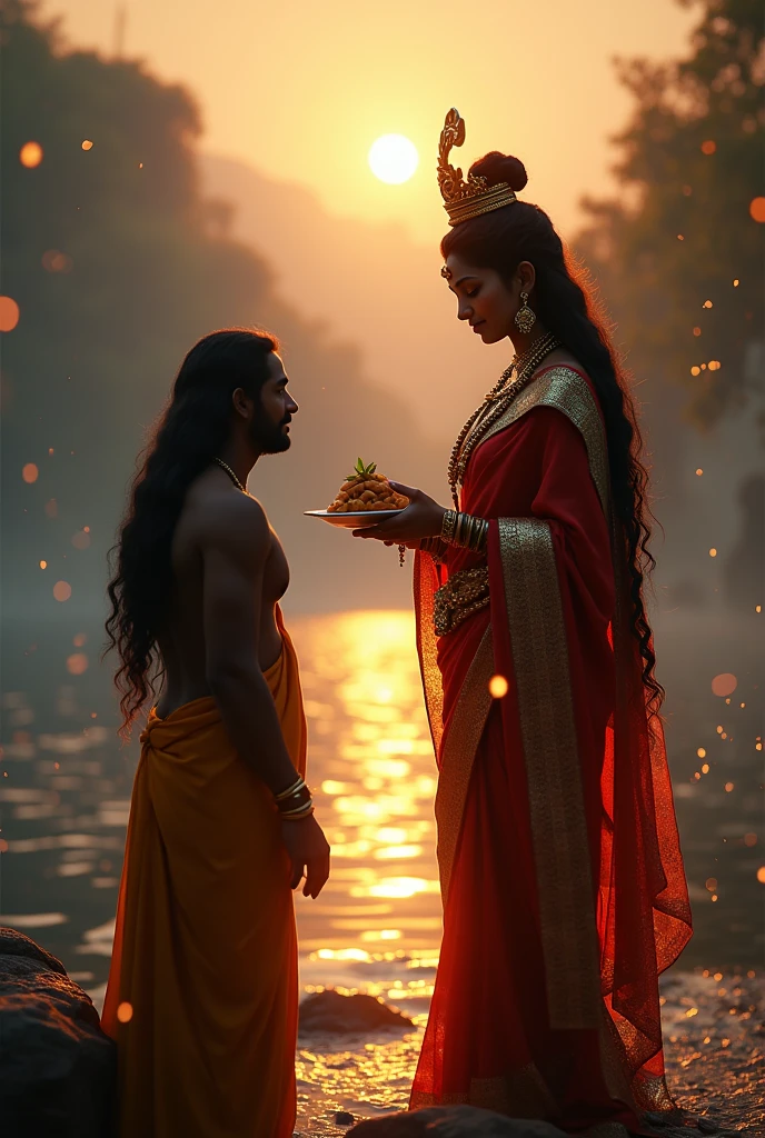 cinematic animated character art, Silhouette of indian godess of food Annapoorna giving food to a poor male beggar, backview of beggar with long hair, godess wearing Gold and red saree, golden jewellery, ancient golden crown, smiling expression, glowing particles in atmosphere, river Ganga in background, early morning, darkness in atmosphere, mysterious vibe, colour graded, vibrant, 4khd
