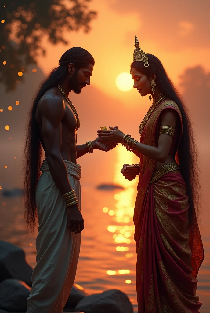cinematic animated character art, Silhouette of indian godess of food Annapoorna giving food to a poor male beggar, backview of beggar with long hair, godess wearing Gold and red saree, golden jewellery, ancient golden crown, smiling expression, glowing particles in atmosphere, river Ganga in background, early morning, darkness in atmosphere, mysterious vibe, colour graded, vibrant, 4khd