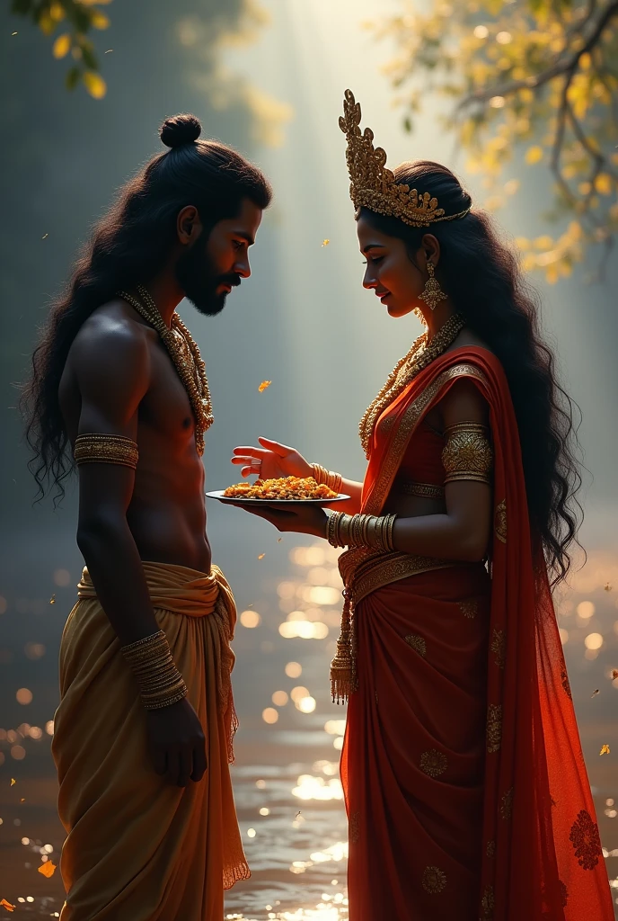 cinematic animated character art, Silhouette of indian godess of food Annapoorna giving food to a poor male beggar, backview of beggar with long hair, godess wearing Gold and red saree, golden jewellery, ancient golden crown, smiling expression, glowing particles in atmosphere, river Ganga in background, early morning, darkness in atmosphere, mysterious vibe, colour graded, vibrant, 4khd