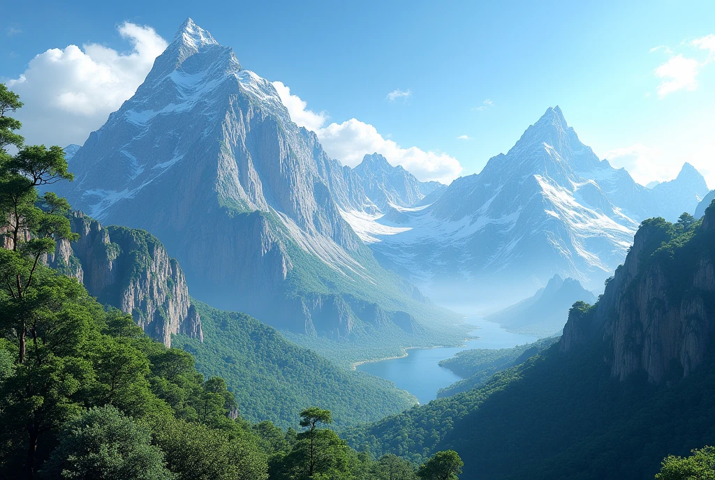 Create a stunning, hyper-realistic, AI-generated artwork of a mountainous natural habitat. The scene should feature multiple mountains in the background, creating a dramatic and expansive landscape. The sky should be clear, with clouds adding a sense of atmosphere and depth to the scene. The surrounding vegetation should be lush and green, reflecting a rich, verdant environment.
Emphasize details such as the rugged terrain of the mountains and the dense foliage. The lighting should be bright and natural, highlighting the sharp contrasts and vivid colors of the landscape.
The style should be hyper-realistic yet artistic, capturing the grandeur and serenity of this elevated, natural setting. The final artwork should be high-resolution and visually striking, showcasing the impressive landscape and its clear, atmospheric elements.