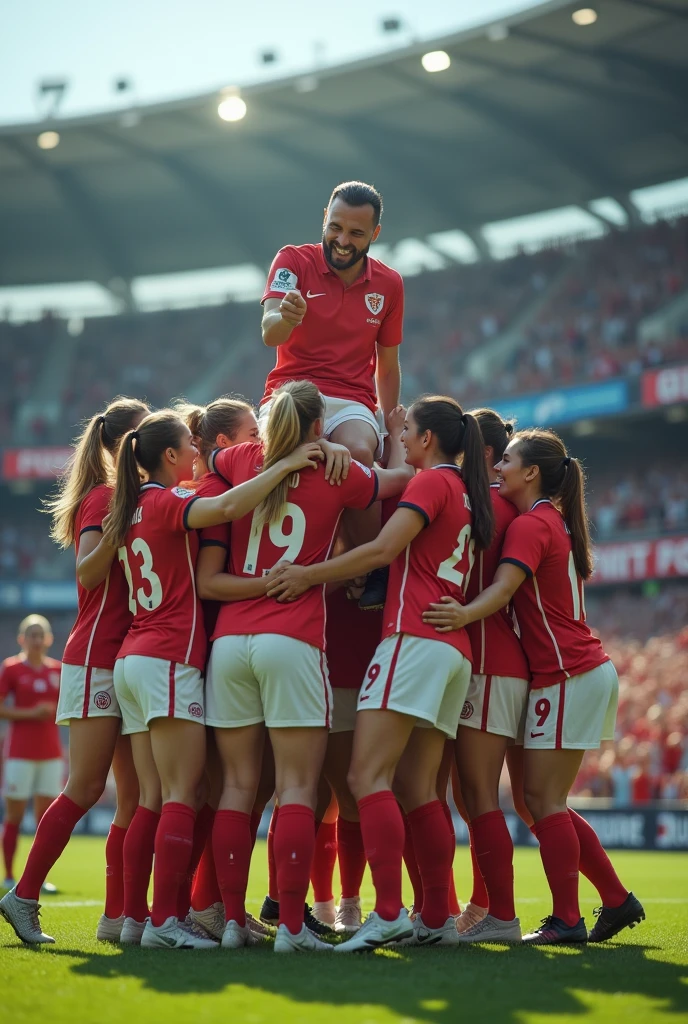 Create a realistic image of a female football team carrying their male manager in celebration