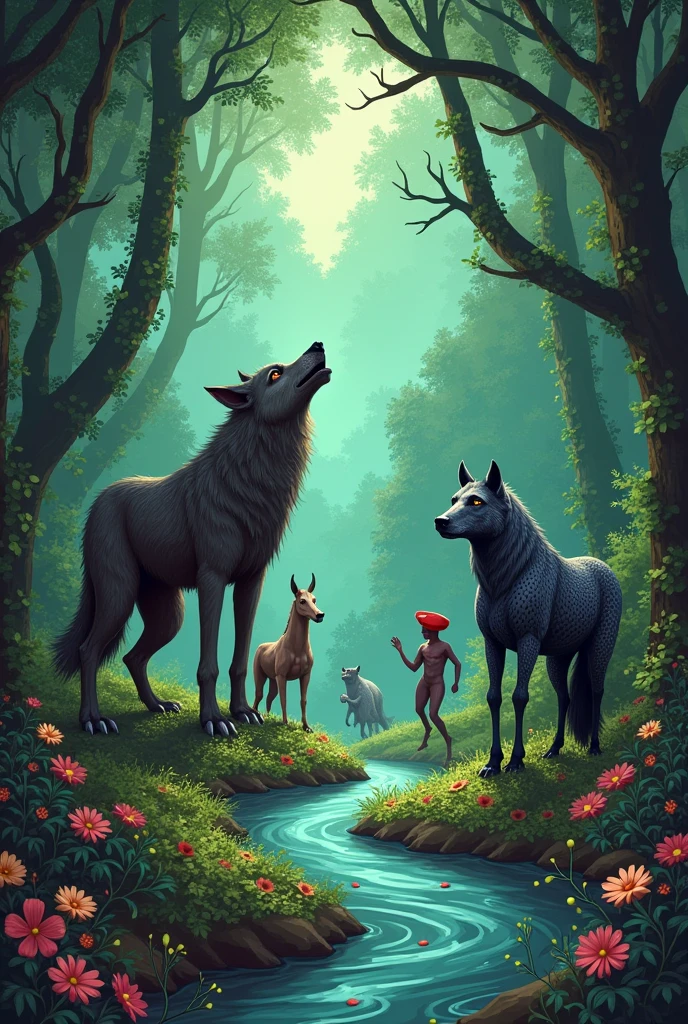 A drawing with the following Brazilian legends: werewolf, headless mule, Curupira, Iara and Saci Pererê