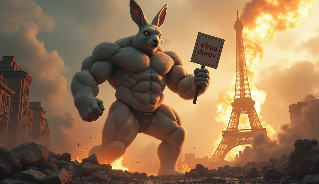Rocky Rabbit with a six-pack body and a very tall height destroys the city of Paris, the buildings collapse due to the power of Rocky Rabbit, dust and smoke rise and the Eiffel Tower catches fire, there is a sign in Rocky Rabbit's hand that says #FREE DUROV