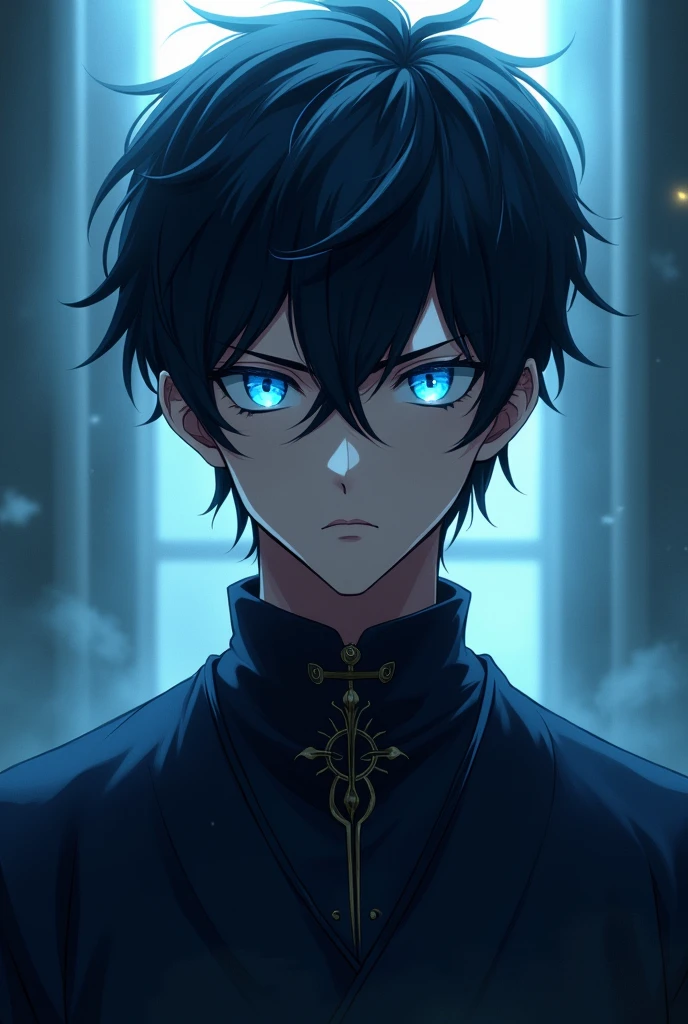a anime character like sung jin woo with blue eyes with serious face