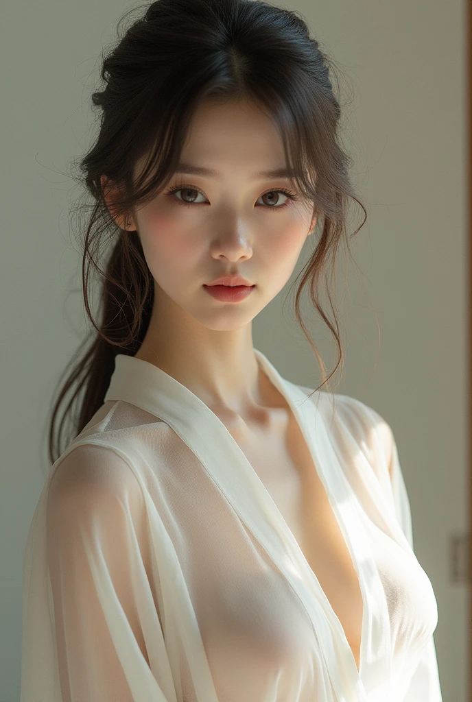  cute beautiful woman wearing thin white shirt, Japan, 