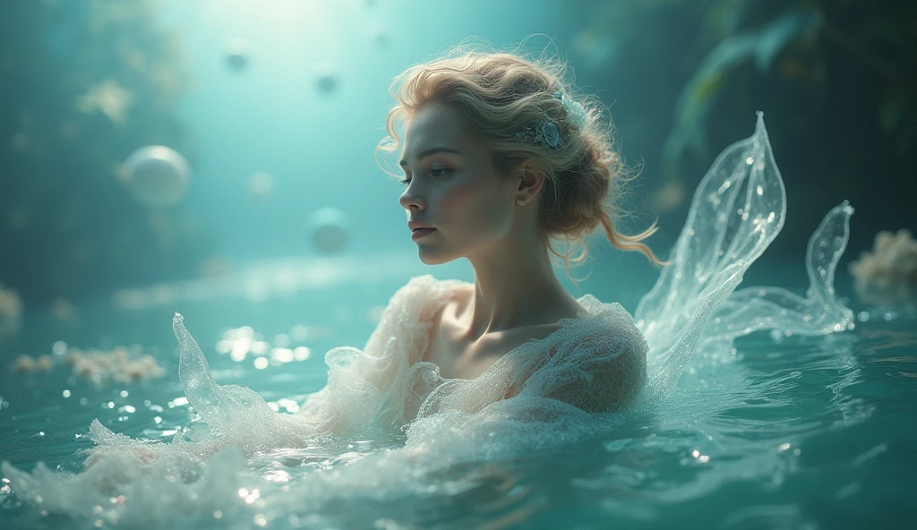 A dreamlike and ethereal scene of a Pisces individual in a mystical, underwater or celestial environment, surrounded by soft, flowing elements that reflect their intuition and creativity. The mood should be imaginative and serene. --ar 16:9