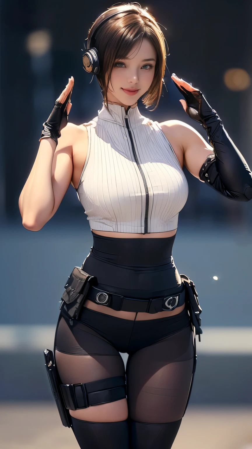 (A woman),(((A woman salutes with her right hand.:1.5))),(((Straighten the left hand:1.5))),((Black tactical tights:1.5)),((Black headphones:1.5)),((Black tactical holster:1.5)),(Black Gloves:1.5),(Smile:1.5),(short hair:1.5),(beautiful eyes:1.3),(Very detailedな顔:1.5),((Very detailedな女性の手の描画:1.5)),((muscular:1.5)),(y appearance:1.5),((Thick thighs:1.5)),(Beautiful Body:1.5),((Very sensual:1.5)),(Background is the city:1.5),(((Blurred Background:1.5))),(Written border depth:1.5),rest(((masterpiece:1.5),(best quality:1.5),(Very detailed:1.5),(high resolution:1.5),(Practical:1.5),(Practical:1.5),(Delicate depiction),(Carefully drawn))),8K,wallpaper