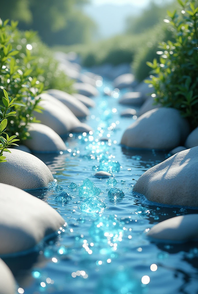 A beautiful stream full of crystals surrounded by white stones