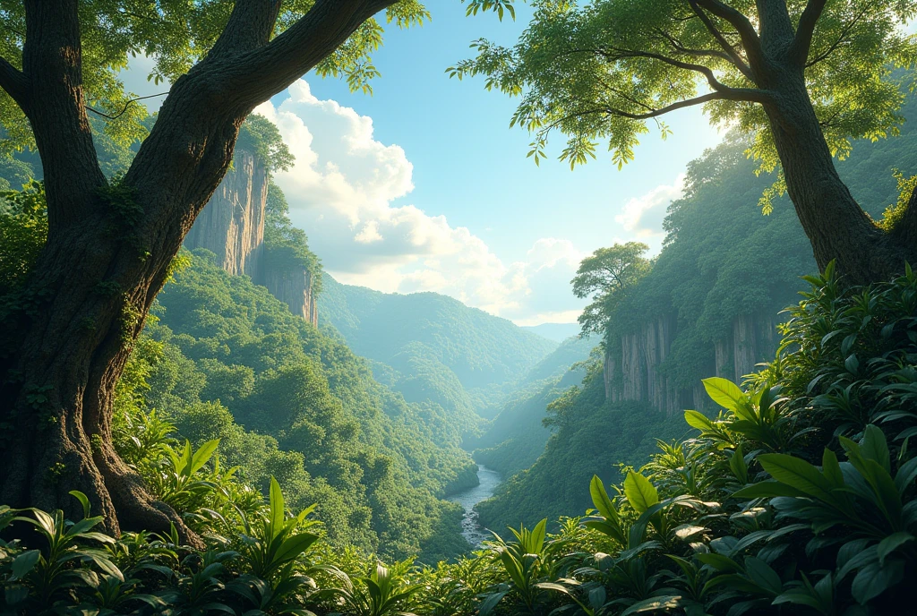 Create a stunning, hyper-realistic, AI-generated artwork of the Amazon rainforest in its natural habitat. The scene should feature dense, lush vegetation, with towering trees, thick undergrowth, and a variety of plant life creating a rich and verdant environment. The sky should be clear, with soft clouds adding a sense of atmosphere and depth to the scene.

Emphasize details such as the intricate textures of the tree bark, the vibrant green leaves, and the diverse flora. The lighting should be bright and natural, highlighting the vivid colors and intricate details of the rainforest.

The style should be hyper-realistic yet artistic, capturing the grandeur and complexity of the Amazon rainforest. The final artwork should be high-resolution and visually striking, showcasing the dense, vibrant, and diverse landscape of this iconic natural setting.