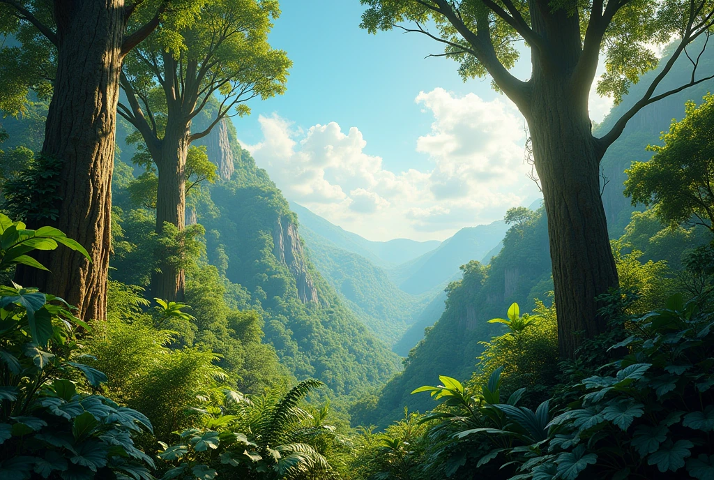 Create a stunning, hyper-realistic, AI-generated artwork of the Amazon rainforest in its natural habitat. The scene should feature dense, lush vegetation, with towering trees, thick undergrowth, and a variety of plant life creating a rich and verdant environment. The sky should be clear, with soft clouds adding a sense of atmosphere and depth to the scene.

Emphasize details such as the intricate textures of the tree bark, the vibrant green leaves, and the diverse flora. The lighting should be bright and natural, highlighting the vivid colors and intricate details of the rainforest.

The style should be hyper-realistic yet artistic, capturing the grandeur and complexity of the Amazon rainforest. The final artwork should be high-resolution and visually striking, showcasing the dense, vibrant, and diverse landscape of this iconic natural setting.