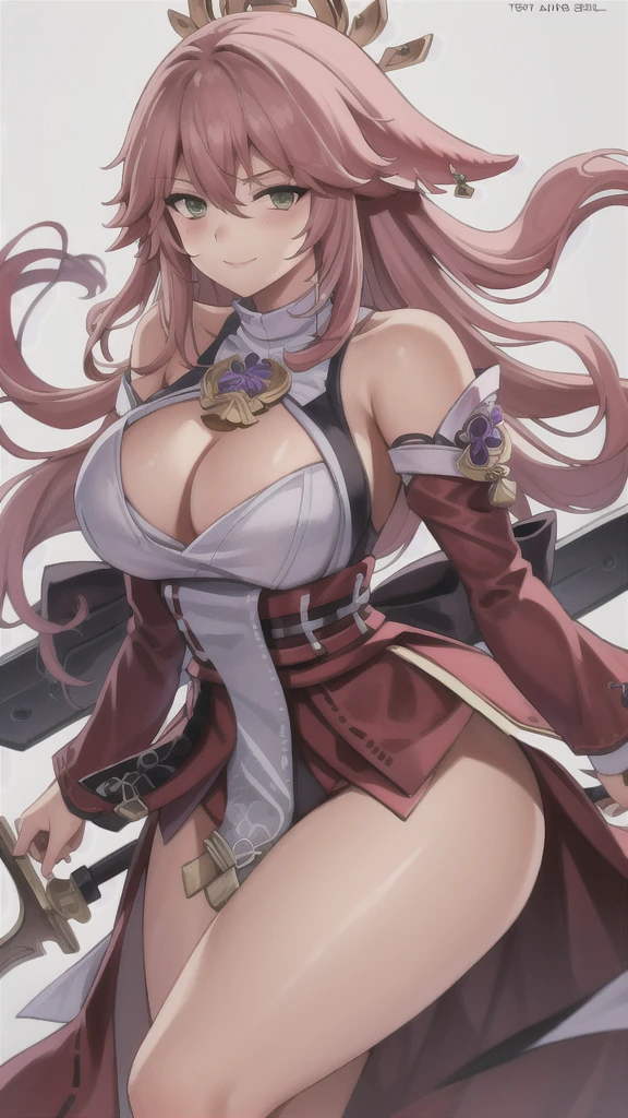 masterpiece,best quality,kim_kwang_hyun, 1girl,yaemikodef, chunky, solo, brown colored hair, large huge , looking at viewer, Green eyes, earphones, deep Brown colored hair, bangs, large huge breastssleeves, dress, cleavage, clos, weapon (( hand edge)), puffy sleeves, arm up,thing cutout, copyright name, red dress, cleavage cutout, juliet slpower armor, shoulder armor, large deep Brown colored hair, green eyes, coy Smile