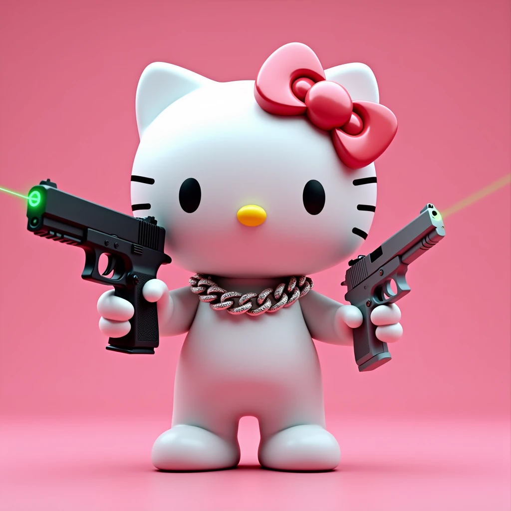 (Hello Kitty white) (3D format) (empty pink background) She has some diamond Cubans on her neck, In his left hand he has a black Glock. This Glock has a very powerful green laser., and in the other right hand he has a model 38 revolver, color gris (He is pointing the .38 revolver at the sky)