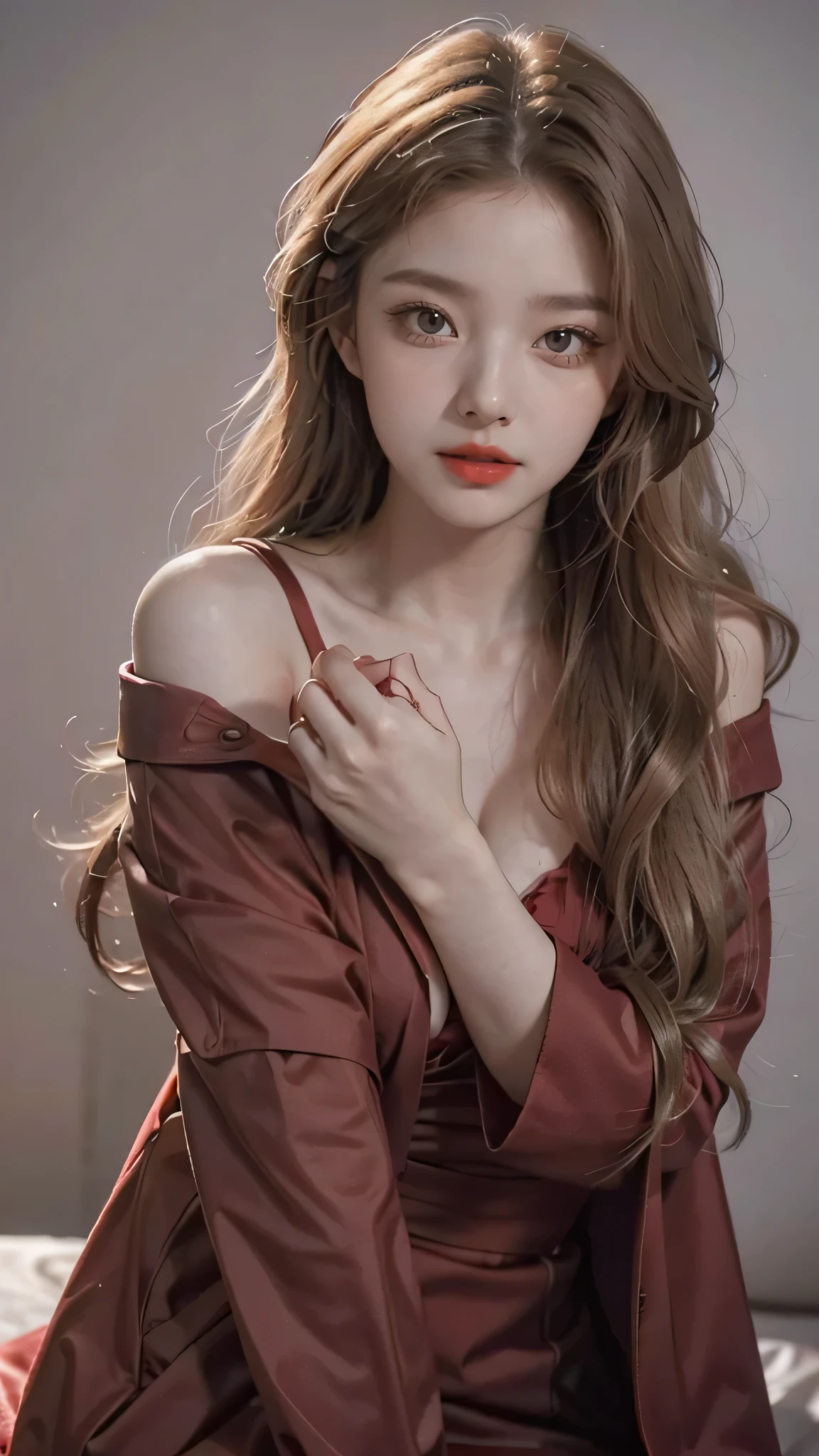 Girl wearing, luxury red formal coat, shoulder length hair, wavy hair, glowing skin, star in eye, red lips, grey background, cute poses , upper body, light blonde hair.