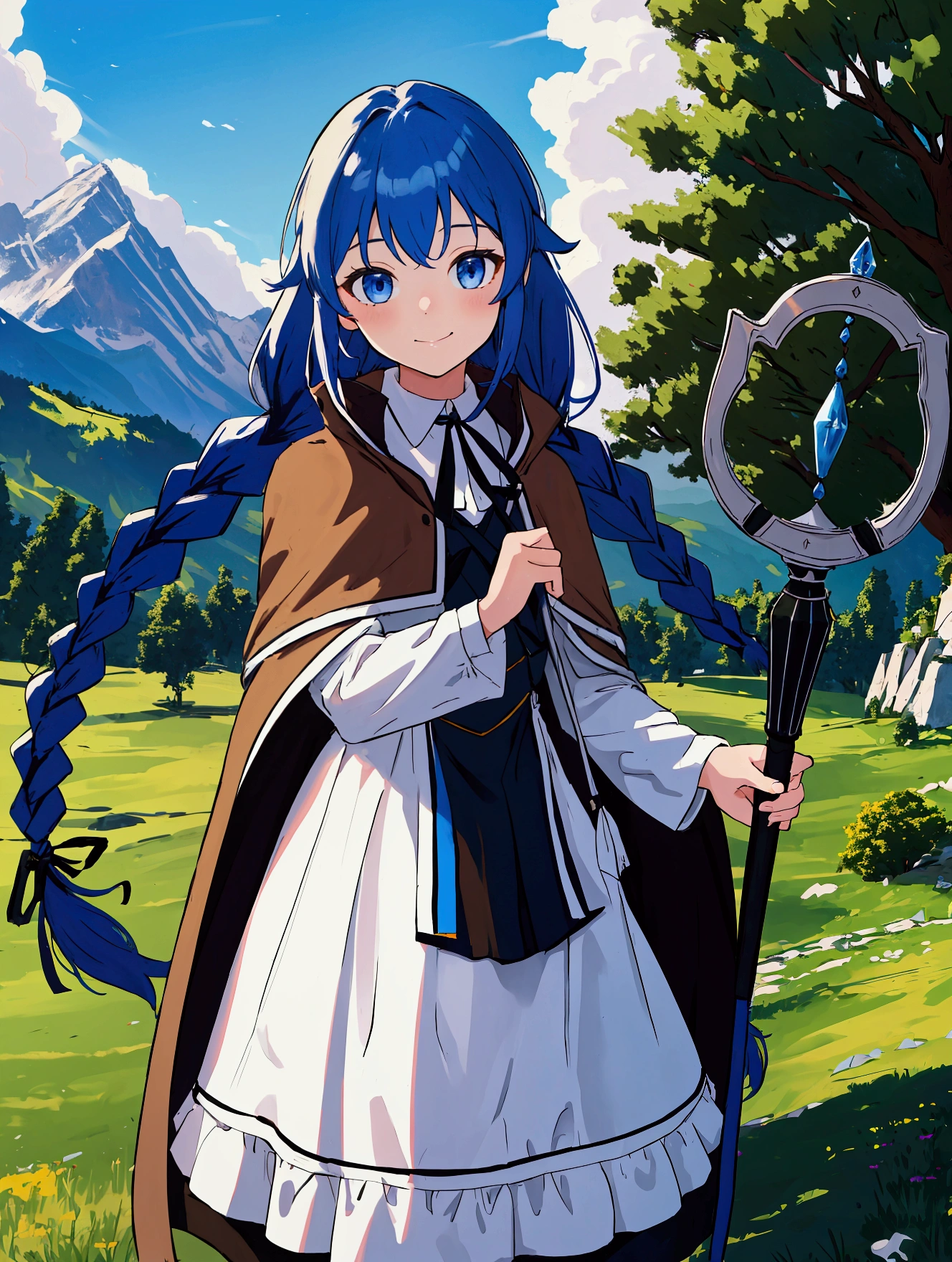 highres, hd, vibrant colours, absurdres, best quality, masterpiece, detailed, 1girl, solo, closed mouth, light smile, twin braids, long hair, blue hair, blue eyes, white dress, neck ribbon, black ribbon, black skirt, brown cape, standing, looking at the viewer, outdoors, grass, tree, mountain, staff
