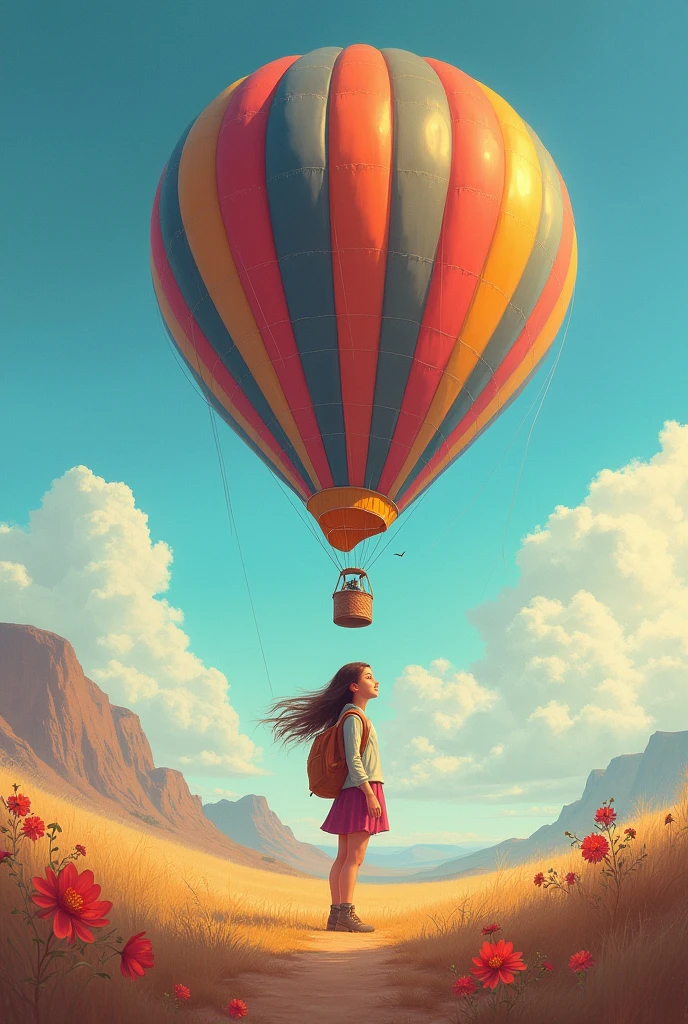 Cover for a book with a title called borders with a teenage girl and a hot air balloon
