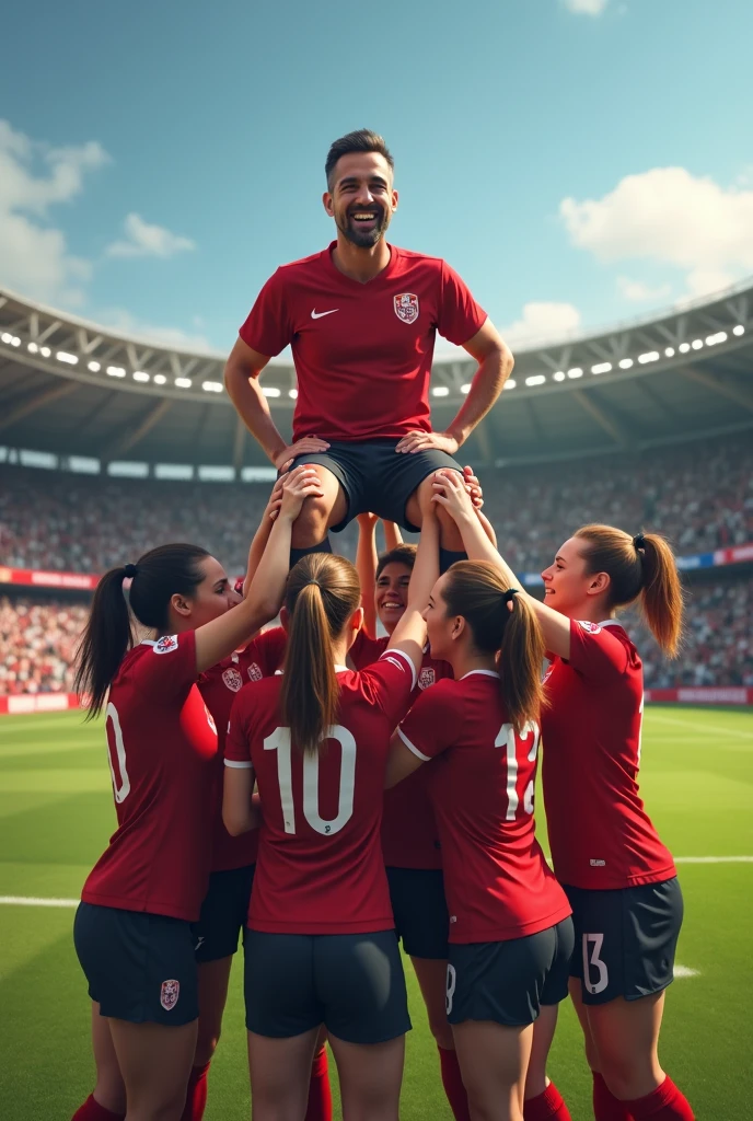 Create a realistic image of a female football team carrying their male manager in celebration
