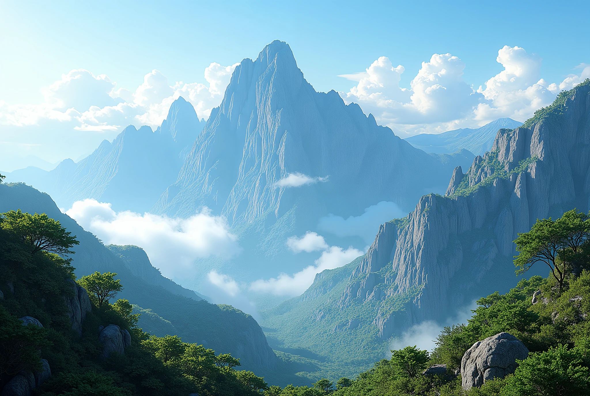 Create a stunning, hyper-realistic, AI-generated artwork of a mountainous natural habitat. The scene should feature multiple mountains in the background, creating a dramatic and expansive landscape. The sky should be clear, with clouds adding a sense of atmosphere and depth to the scene. The surrounding vegetation should be lush and green, reflecting a rich, verdant environment.

Emphasize details such as the rugged terrain of the mountains and the dense foliage. The lighting should be bright and natural, highlighting the sharp contrasts and vivid colors of the landscape.

The style should be hyper-realistic yet artistic, capturing the grandeur and serenity of this elevated, natural setting. The final artwork should be high-resolution and visually striking, showcasing the impressive landscape and its clear, atmospheric elements.