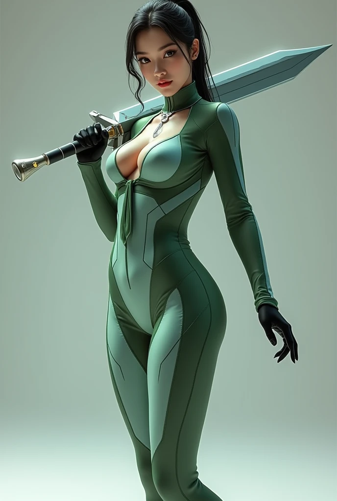 Eve, stellar blade, 8k,highres, 1girl, front lighting, simple background, gray background, looking at the viewer, fitted suit space green and white, bodysuit, black hair and dark black hair, fringe, hair tied in ponytail style, video game, heels, gloves, ass, boobs, honey colored eyes, white skin, korean, small green tie