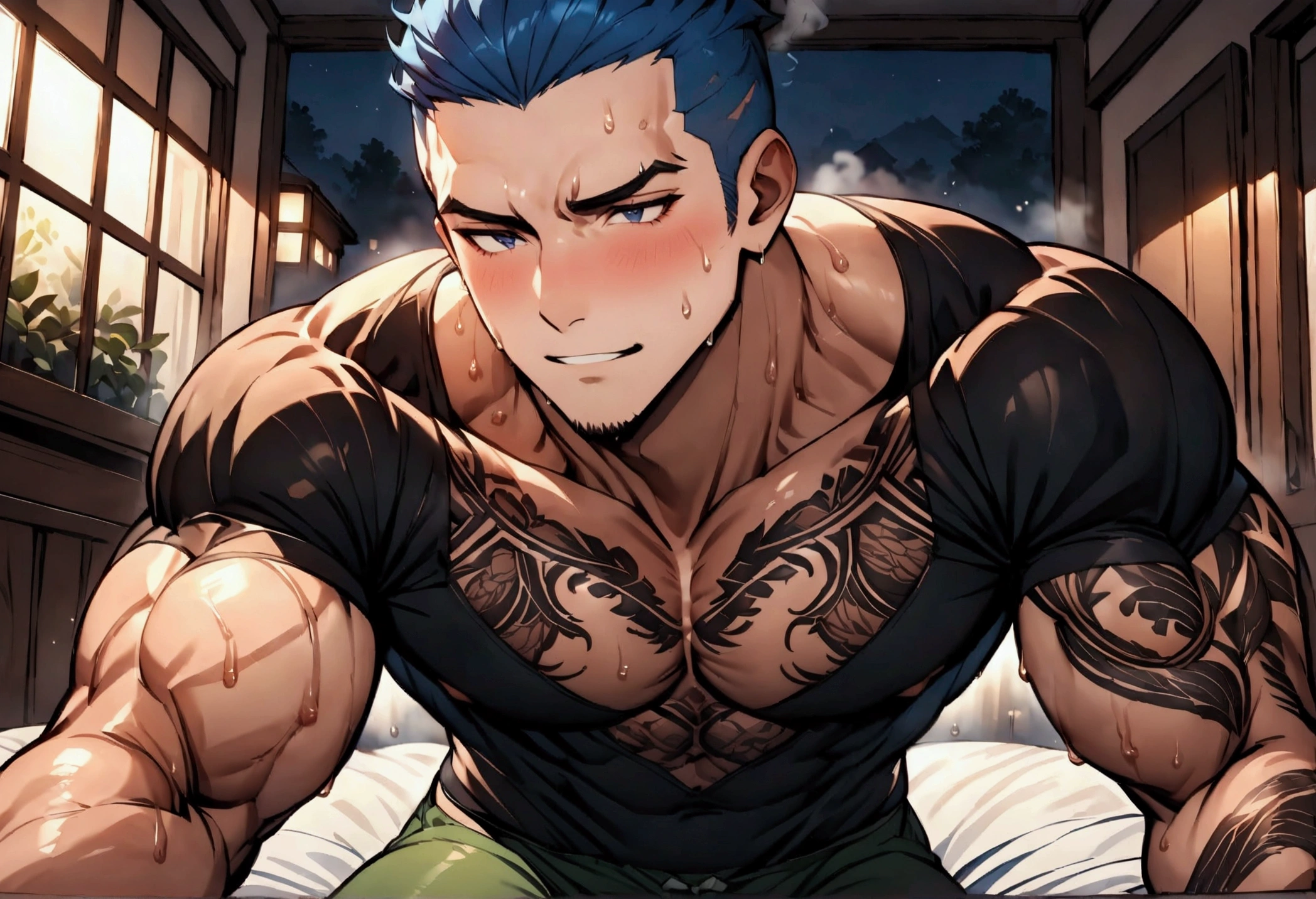 Highest quality、masterpiece、pov shot、(muscular male:1.2)、(father:0.5)、独奏、Shaved head、Blue Hair、(sweat:1.3)、(steam:1.1)、tattoo on chest、tattoo on leg、The upper body is a tight black shirt、The lower half is green shorts、shoot from front、Inside the house、On the bed、night、Astride、Mischievous face