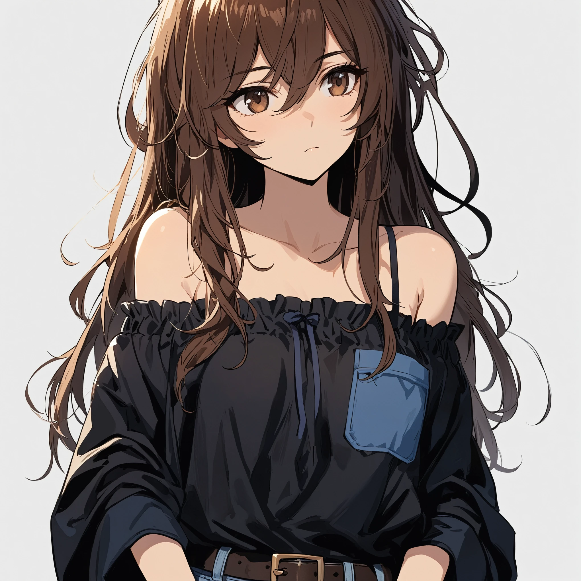 Best quality, masterpiece, stoic, looking to the side, close up, strapless black shirt with blue trim and pocket, jeans, very long brown hair and brown eyes, messy hair, (((swept bangs))), character sheet, 