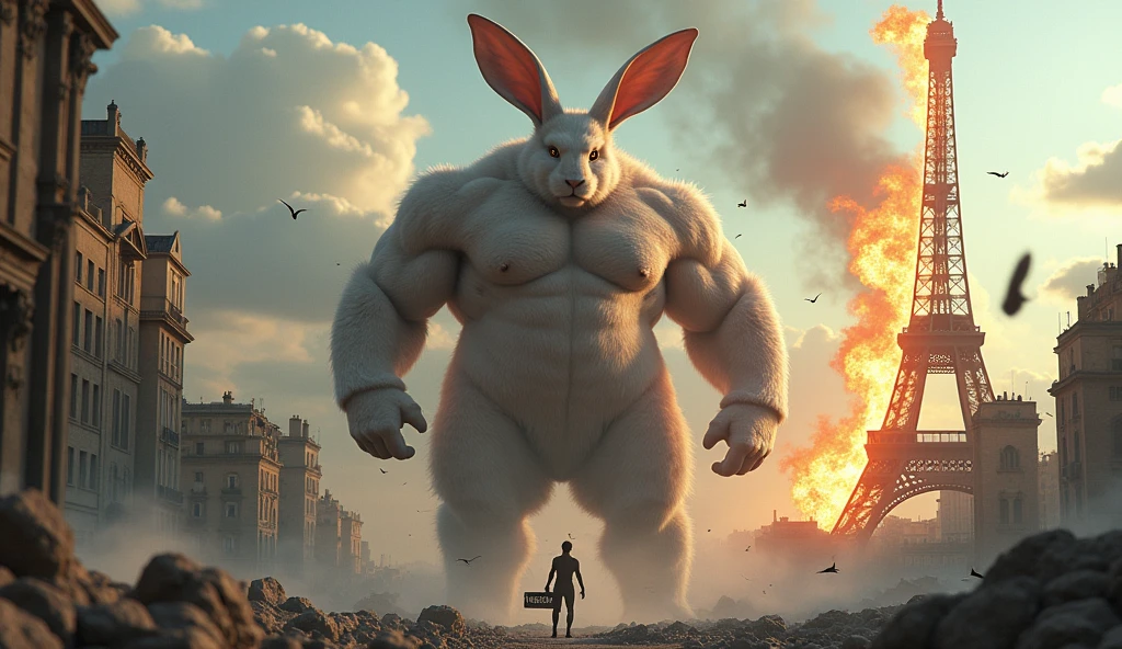 Rocky Rabbit with a six-pack body and a very tall height destroys the city of Paris, the buildings collapse due to the power of Rocky Rabbit, dust and smoke rise and the Eiffel Tower catches fire, there is a sign in Rocky Rabbit's hand that says # FREE DUROV